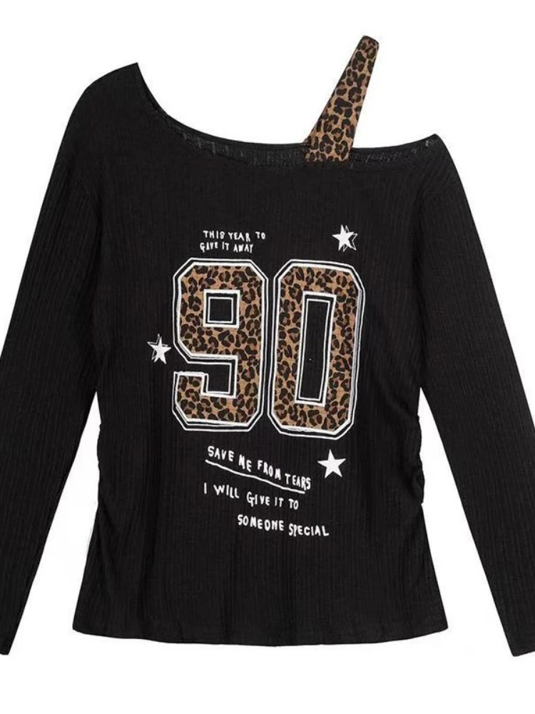 Embroidery Fashion - Camiseta Y2K con estampado de leopardo